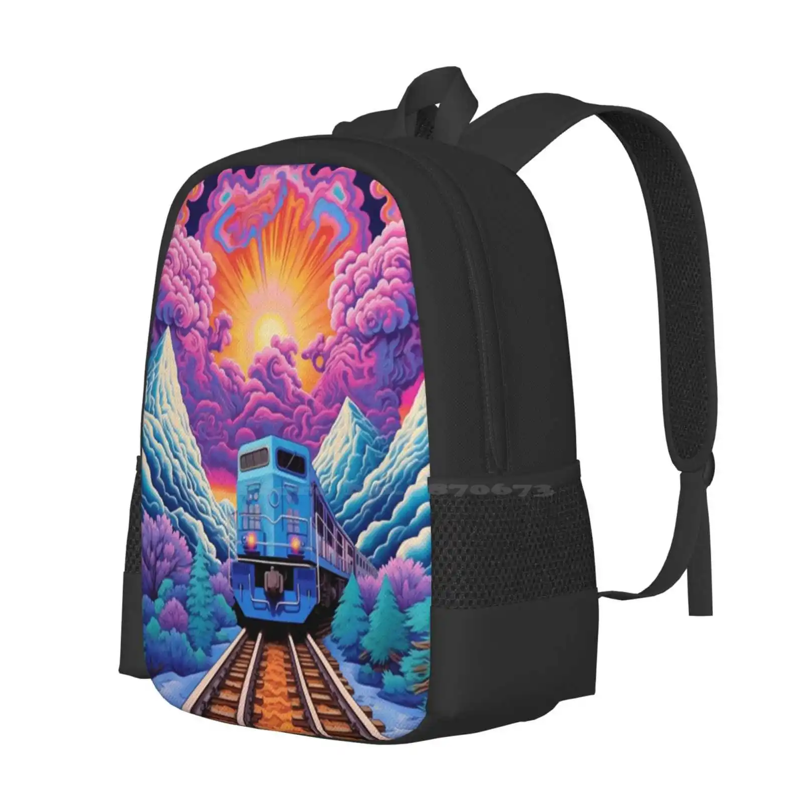 Psychedelic Train Coming Into The Station Hot Sale Schoolbag Backpack Fashion Bags Psychedelic Nature Trippy Mountains Colorful