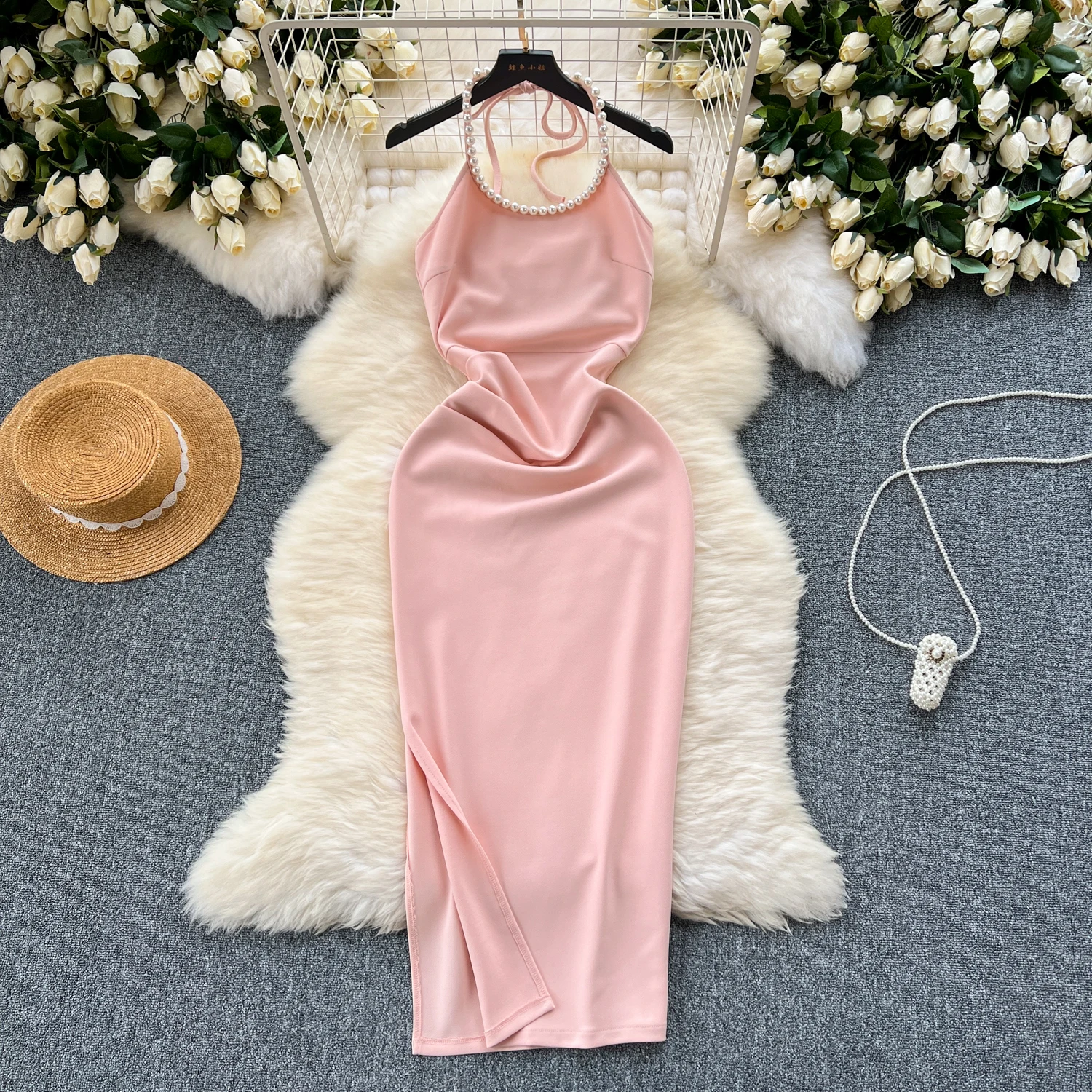 

Sexy rhinestone summer Backless sleeveless halter Dress Chic Vintage Evening Party Club Women Chic vintage A-line dresses