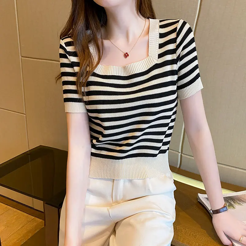 Korean Casual Summer T-Shirts Women Square Collar Ice Silk Striped Contrast Color Fashion Elegant Slim Short Sleeve Knit Tops