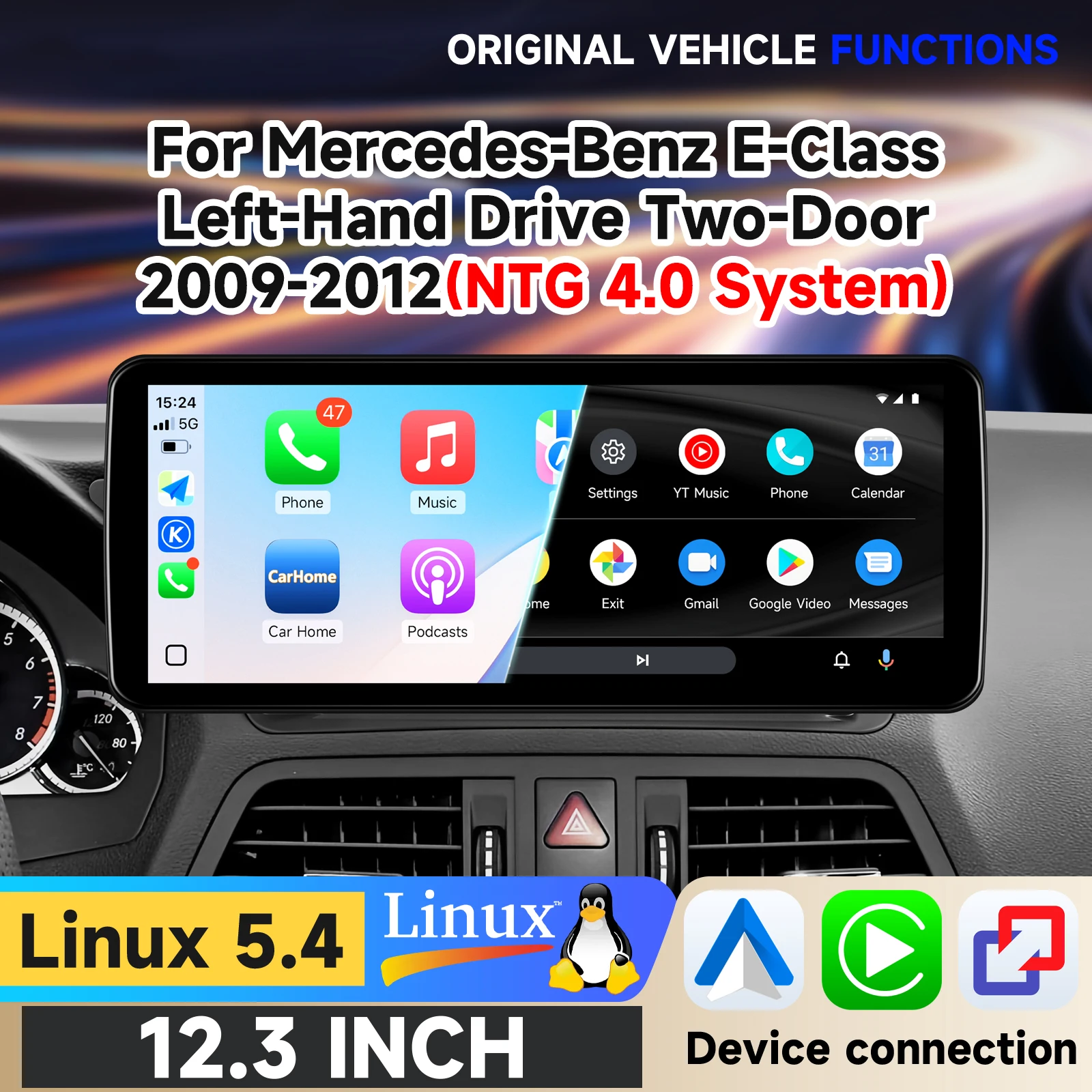 Hizpo 12,3'' Kabelloses CarPlay Android Auto Multimedia-Display für Mercedes-Benz E-Klasse Linkslenker Zweitürer 2009-2012 NTG 4.0 Touch-Display Airplay Autoradio-Player Stereo GPS-Navigation Audio