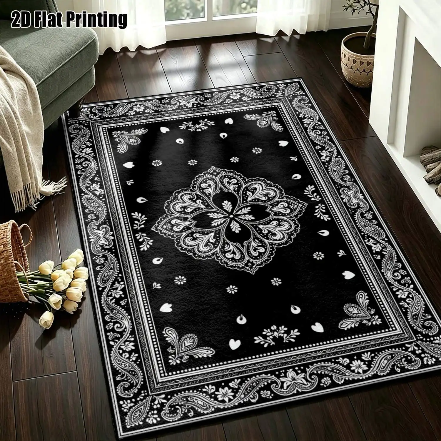 1Pc 2D Printed Paisley Carpet: Black&Gray Vintage/European/Bohemian Style, Home Decor, Multiple Sizes, Machine Washable, Multi-Scene Use