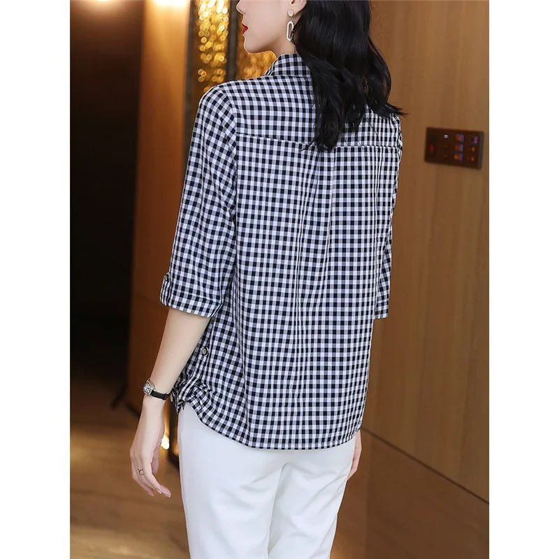 Elegant Plaid Print Loose Turn Down Collar Cotton Button Up Shirt Women Fashion Casual Half Sleeve All Match Ladies Tops Blouses