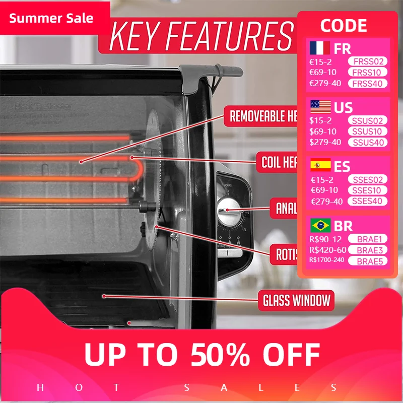 Электрическая духовка 1000 Вт Духовка для курицы большой емкости 25-250 ℃   Ручка бытовой духовки контроль температуры