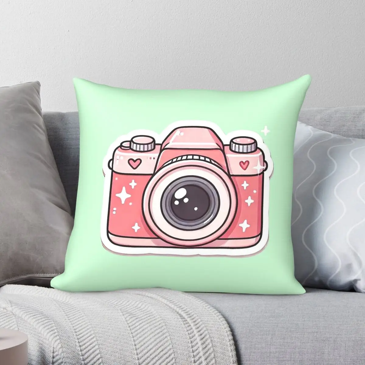 Cute Pink Retro Camera Square Pillowcase Polyester Linen Velvet Creative Zip Decor Room Cushion Cover