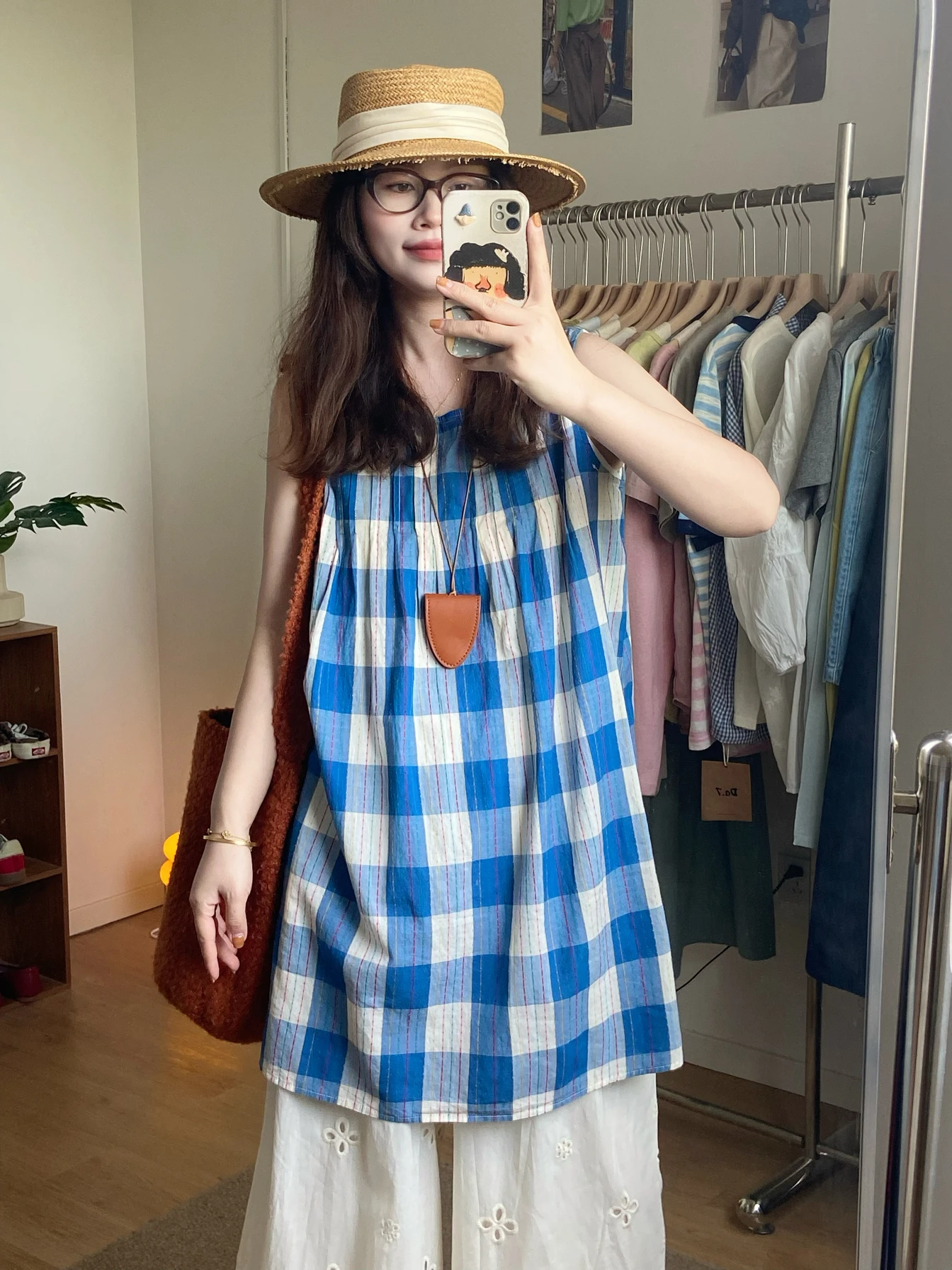 

Blue Plaid Sleeveless round Neck Shirt Dress Japanese Style Loose Fit Youthful Layering Women's Clothing Casual Commute Style