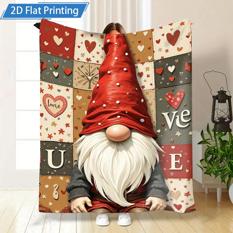 Couverture polaire en flanelle, 1 pièce, mignon, Gnome de jardin, amour, cœur, Patchwork, confortable, décor de saint-valentin, couverture douce