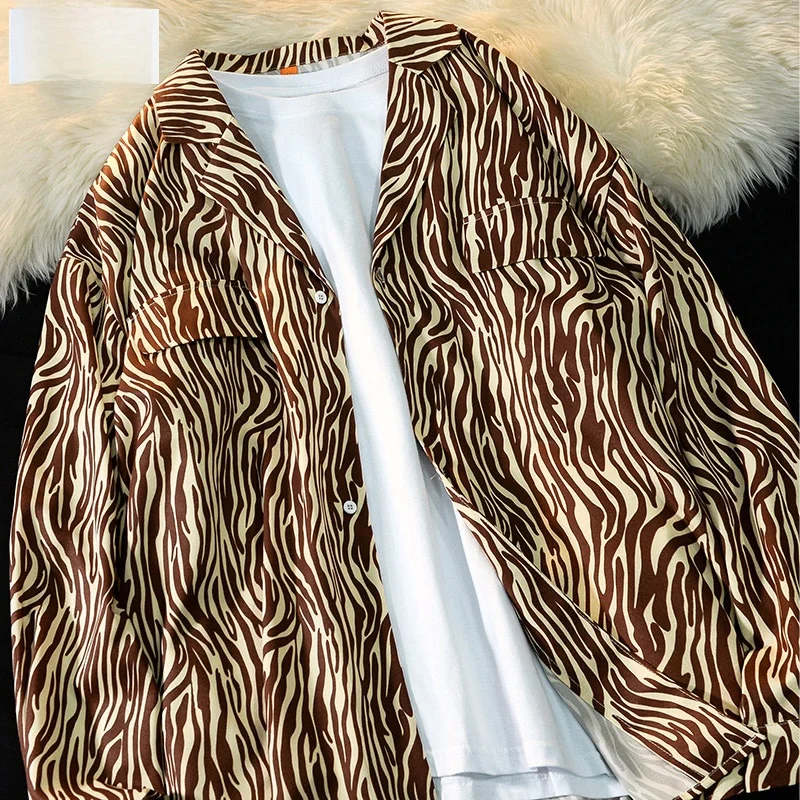 

Мужская модная гавайская рубашка свободного кроя с длинным рукавом для пляжного отдыха, весна-лето, с принтом зебры