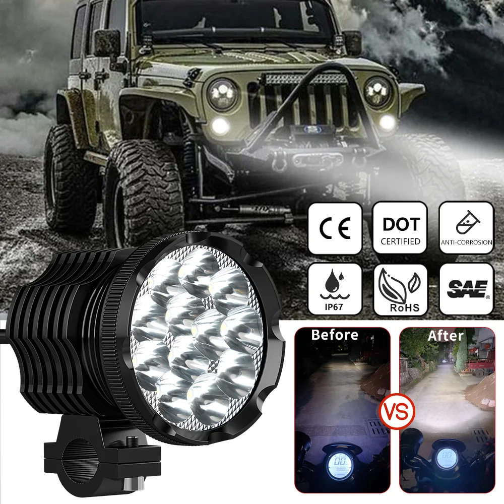 Auxiliary 12 LED Headlights For Motorcycle Spotlights Long Range 12-85V Front Additional Electric Motorcycles ATV UTV Fog Lights