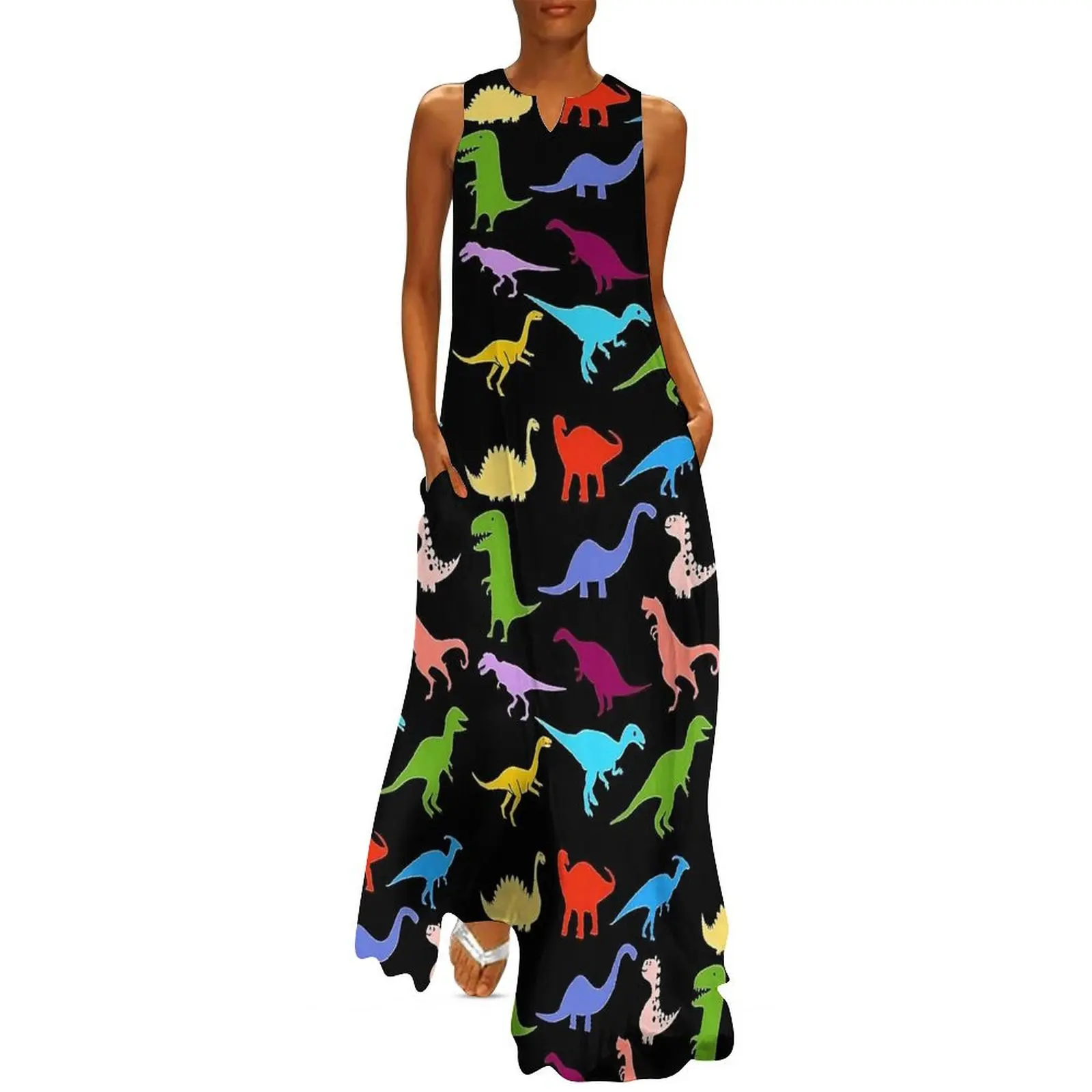 Vestido bonito de dinosaurios coloridos con estampado de animales, Maxi vestido de playa bohemio estético, Vestidos largos de playa de verano con cuello en V, Vestidos personalizados 5XL