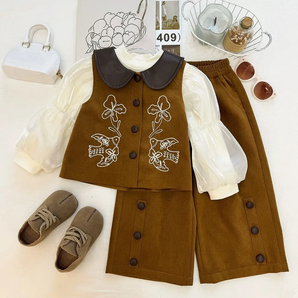 Spring and Autumn Coffee Color Three Piece Set Retro Leather Collar Embroidered Vest+Bubble Sleeve Shirt+Wide Leg Pants
