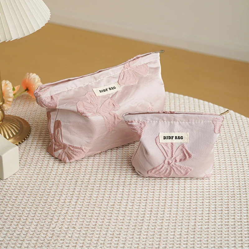 Women\'s Makeup Bag Pink Bow Large Capacity Volume Lipstick Air Cushion Mobile Phone Storage Bag Portable Canvas Cosmetic Bag