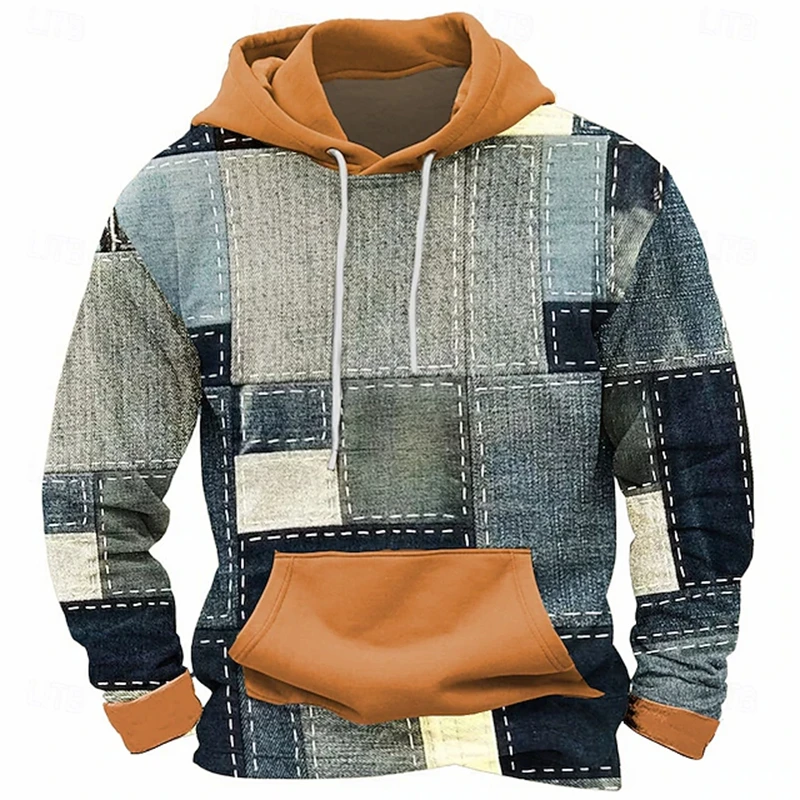 Men's Autumn Winter Trendy Hoodie Vintage Plaid-Panel Long-Sleeve Pullover Stylish Casual Streetwear Outdoor Sports Top