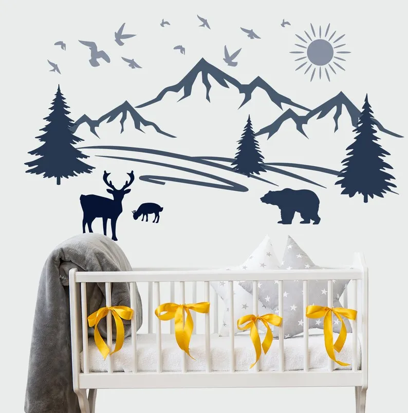 Mountain Wall Decal Baby Boy Nursery. Vinyl Sticker Mountains Wild Animals Wall Art Kid Bedroom. Forest Baby Room Decor. Deer an