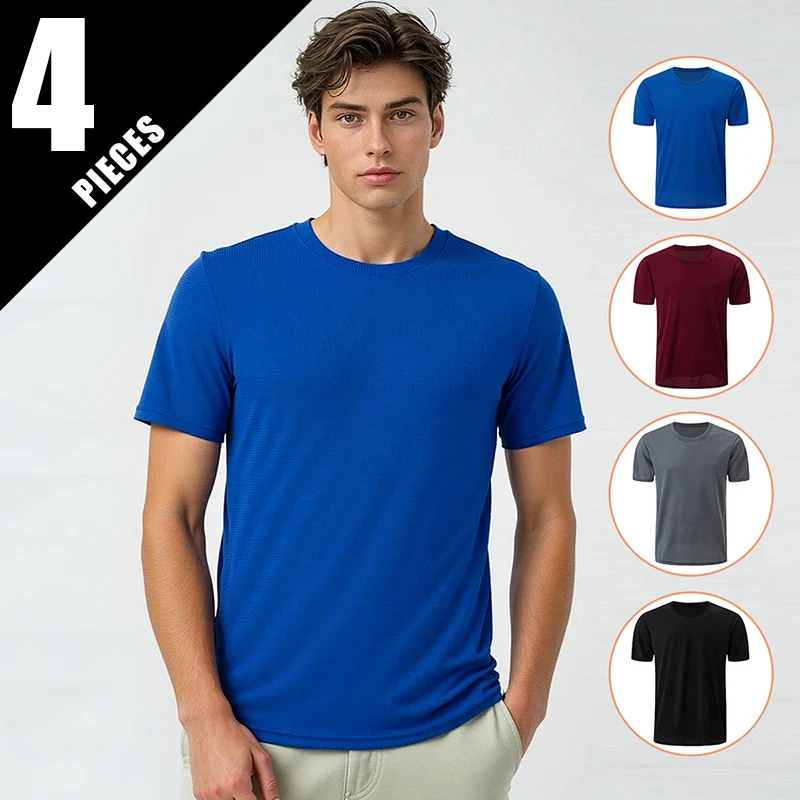 1/4 Piece Men's Summer Waffle Style Short Sleeved Casual Versatile Solid Color Round Neck T-shirt Comfortable Sports Sweatshirt