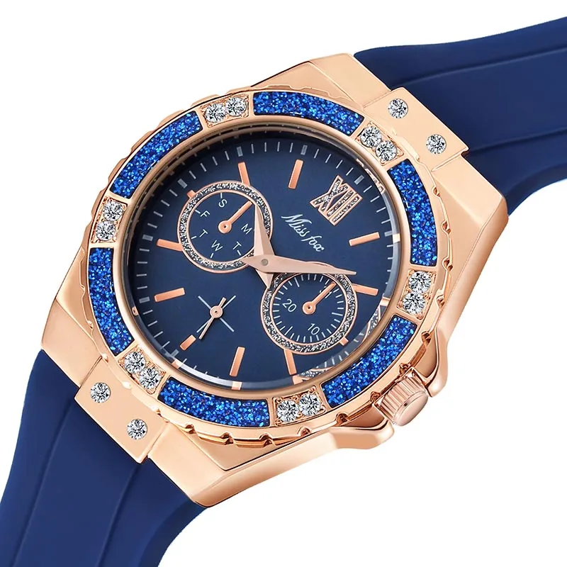 

Top Women's Watches Chronograph Rose Gold Sport Watch Ladies Diamond Blue Rubber Band Xfcs Analog Female Quartz Wristwatch 2023