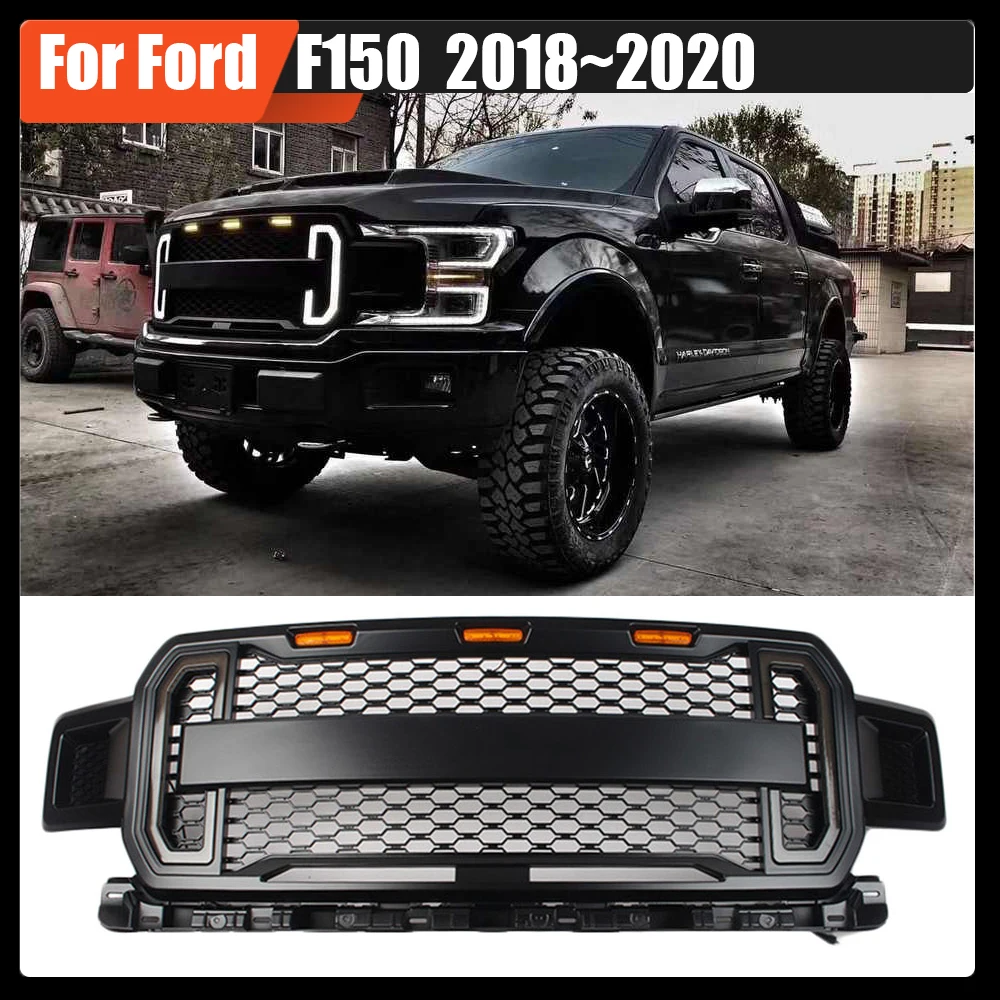 

For Ford F150 2018~2020 Pickup Exterior Parts Raptor Style Front Car Grille With 3 Amber Lights And Switchback LED Turning
