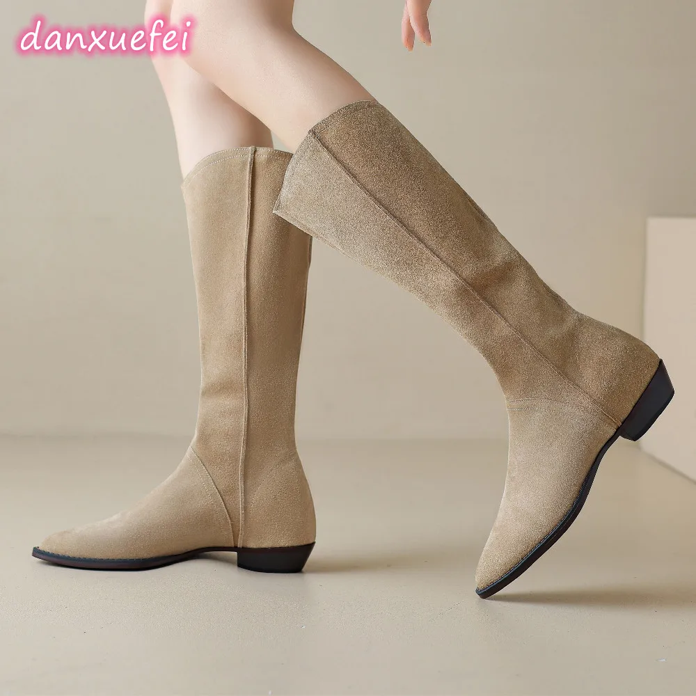 

danxuefei women's natural suede leather wedge low heel pointed toe slip-on autumn knee high western boots casual female shoes