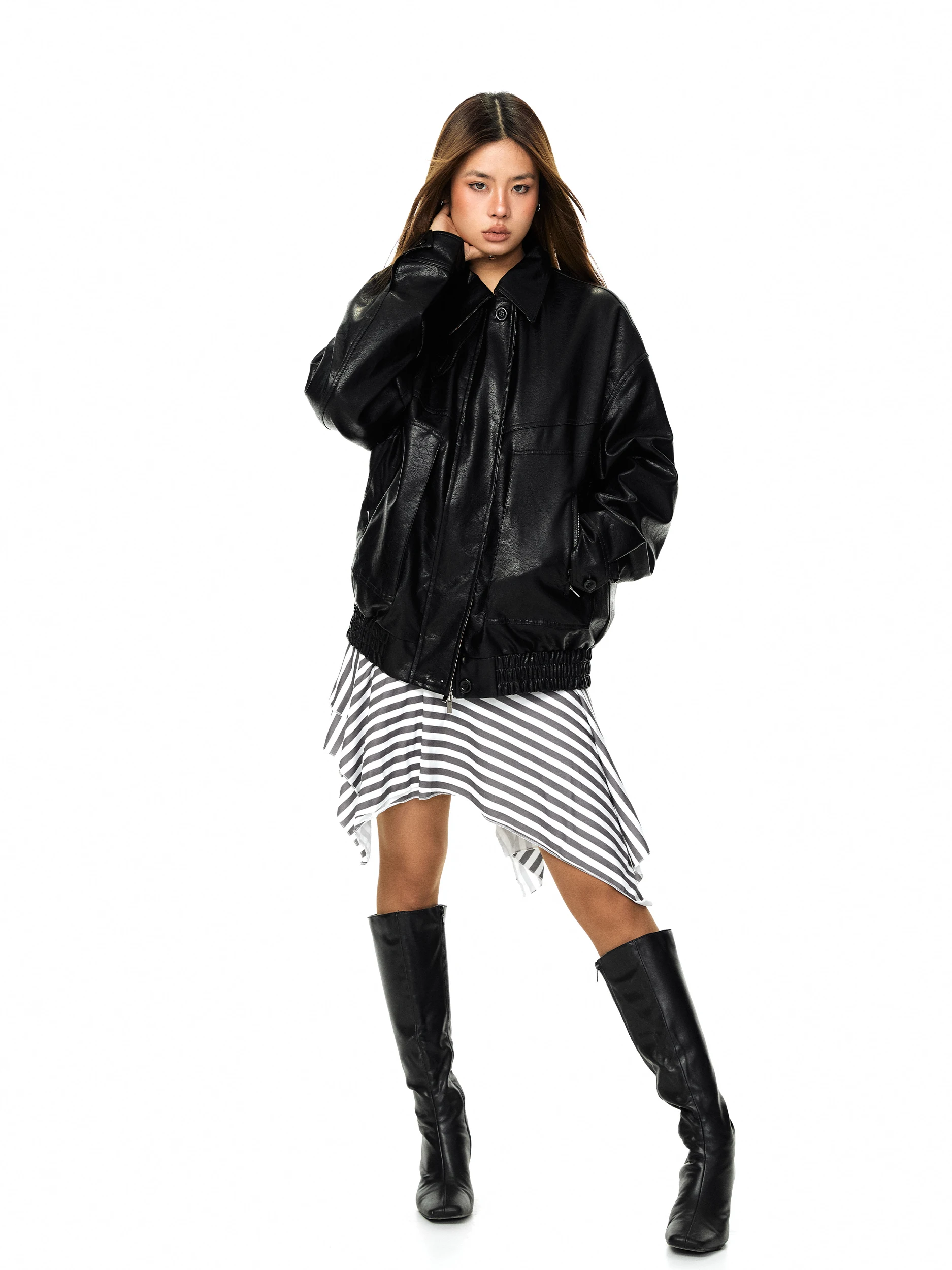 Blabb Veste en PU texturée à empiècements écossais pour femme, coupe ample et décontractée, style vintage, pour le début du printemps