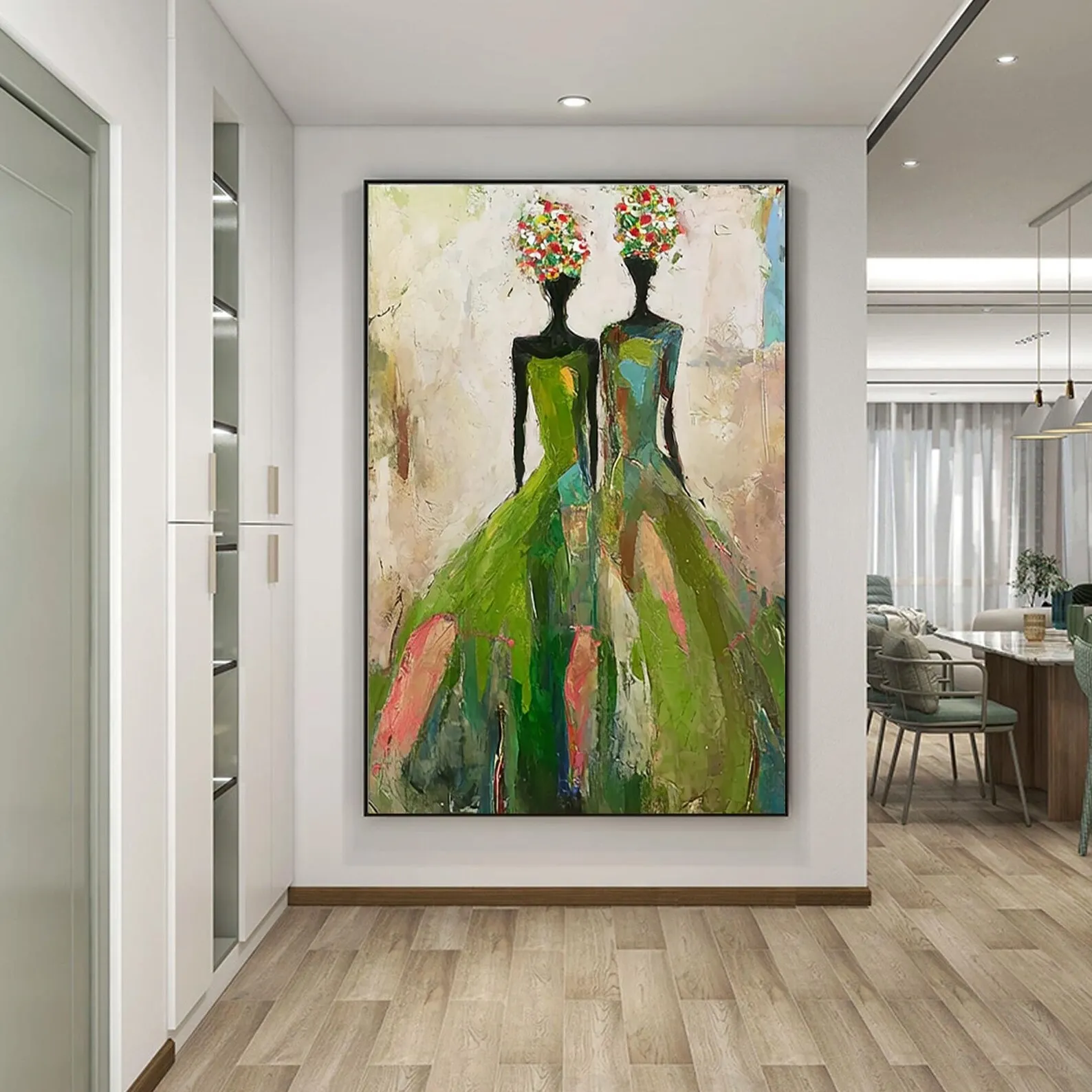 Mhemyo Large Vintage Abstract Hand Painted Womans Figurative Floral Art Pink Beige Green Textured Canvas Living Room Home Decor