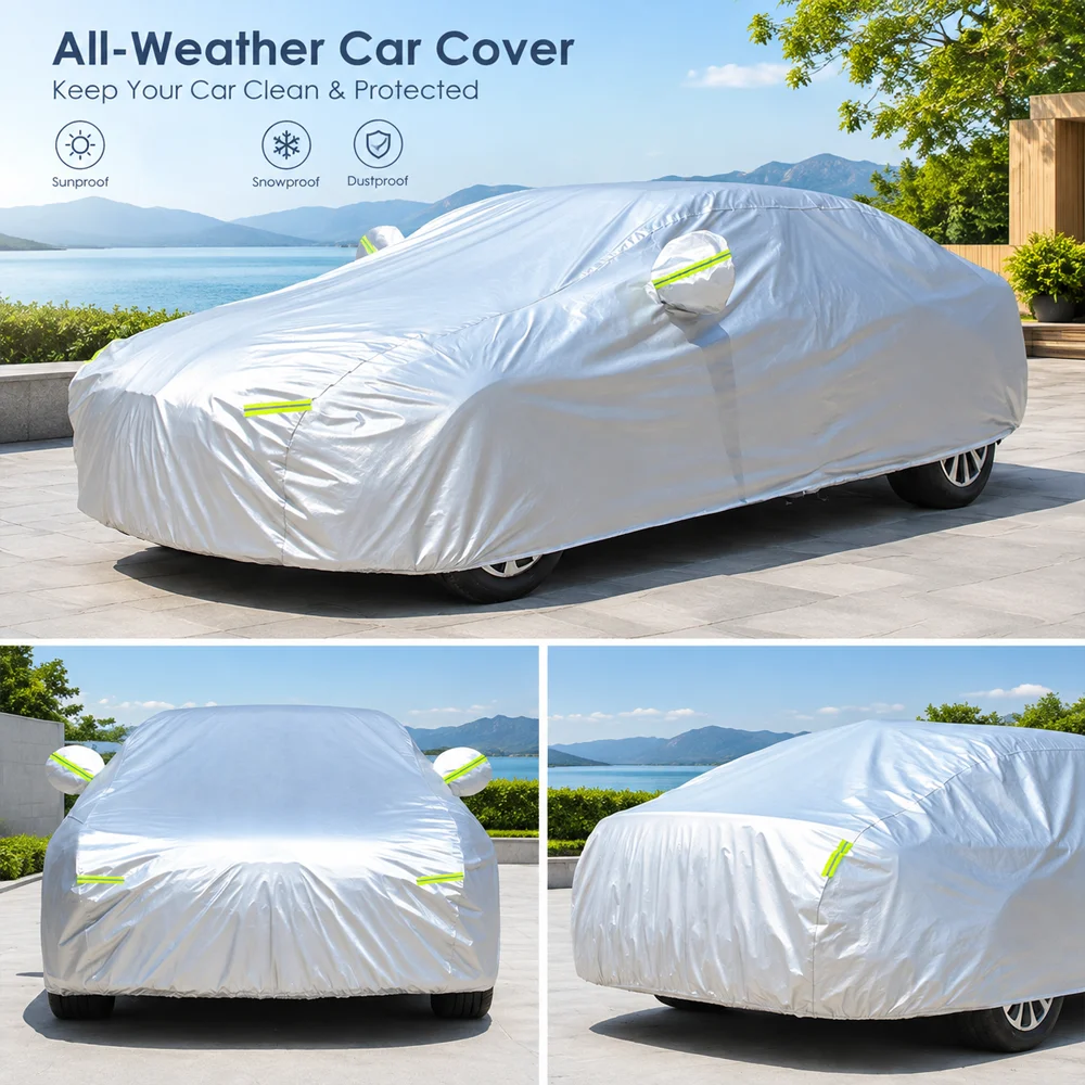 Allwetter-Autoabdeckung 190T mit Silberbeschichtung, reißfester Outdoor-Sonnenschutz und Regenschutz, universeller Schutz für Schrägheck- und Limousinenwagen – Detail 6