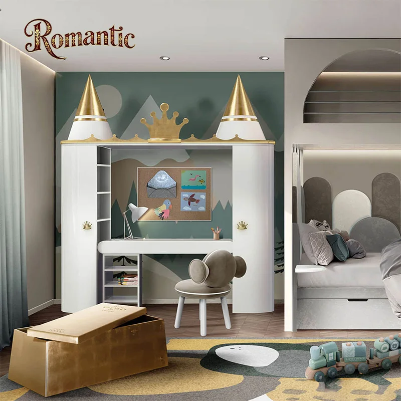 Modern French Fashion Children's Room Eco-Friendly Durable Wood Cabinet Bookcase Desk Set White Gold High Gloss