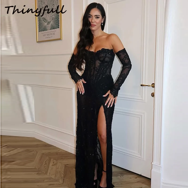 

Thinyfull Mermaid Lace Arab Prom Dresses Sweetheart Detachable Sleeves Evening Gown Split Long Dress Robe De Soirée Customized