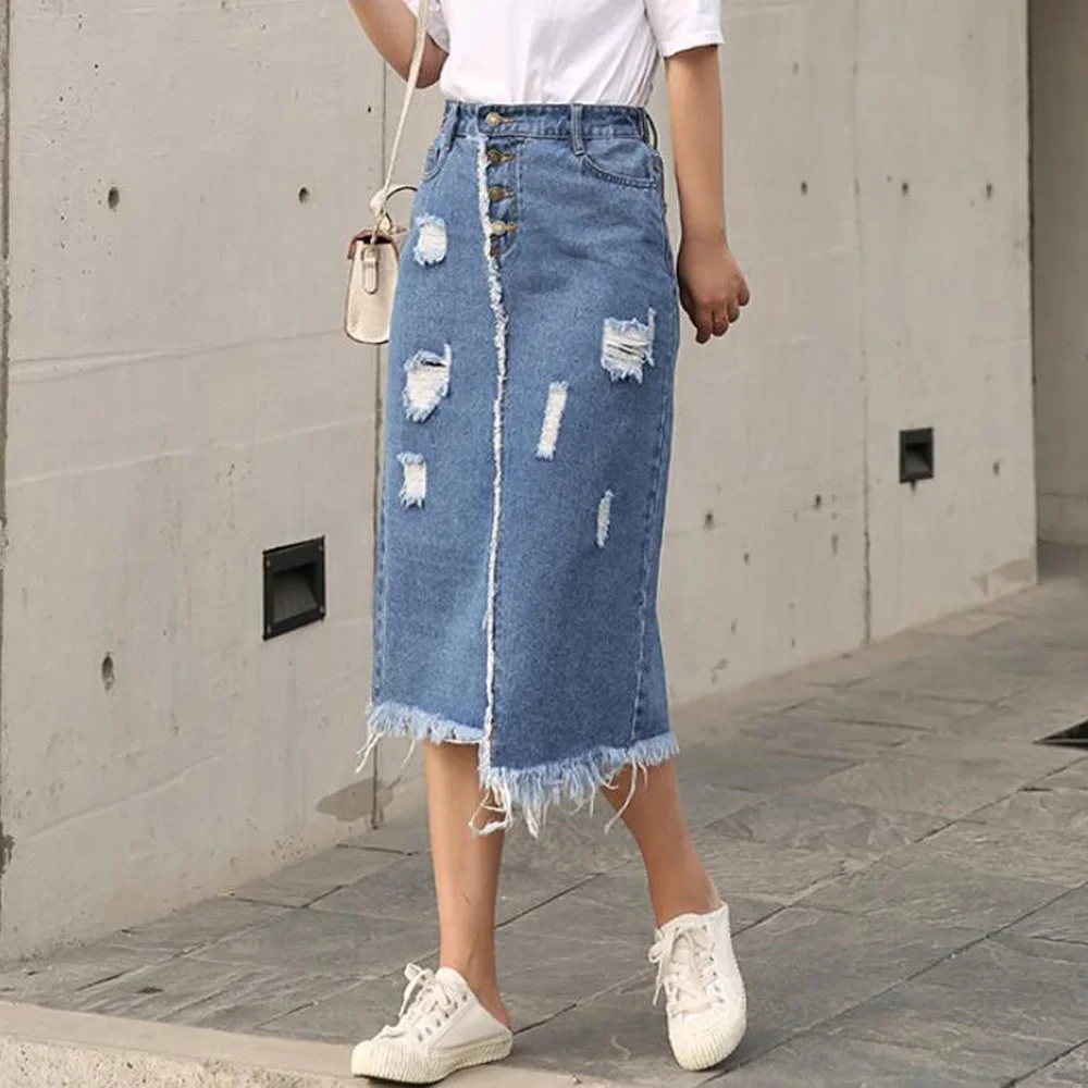 

2024 Women Summer Denim Maxi Skirts High Waist Oversize Long Jean Skirt 4xl 5xl 6xl 7XL Irregular Ripped Hole Jupes Femininas