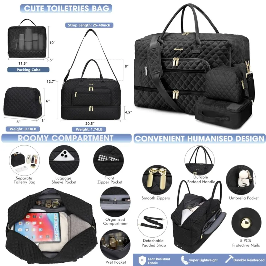 

Large Women's Travel Duffel, Weekender with Shoe Compartment, Carry On Overnight Bag, Gym Duffel with Wet Pocket, Hospital Bags