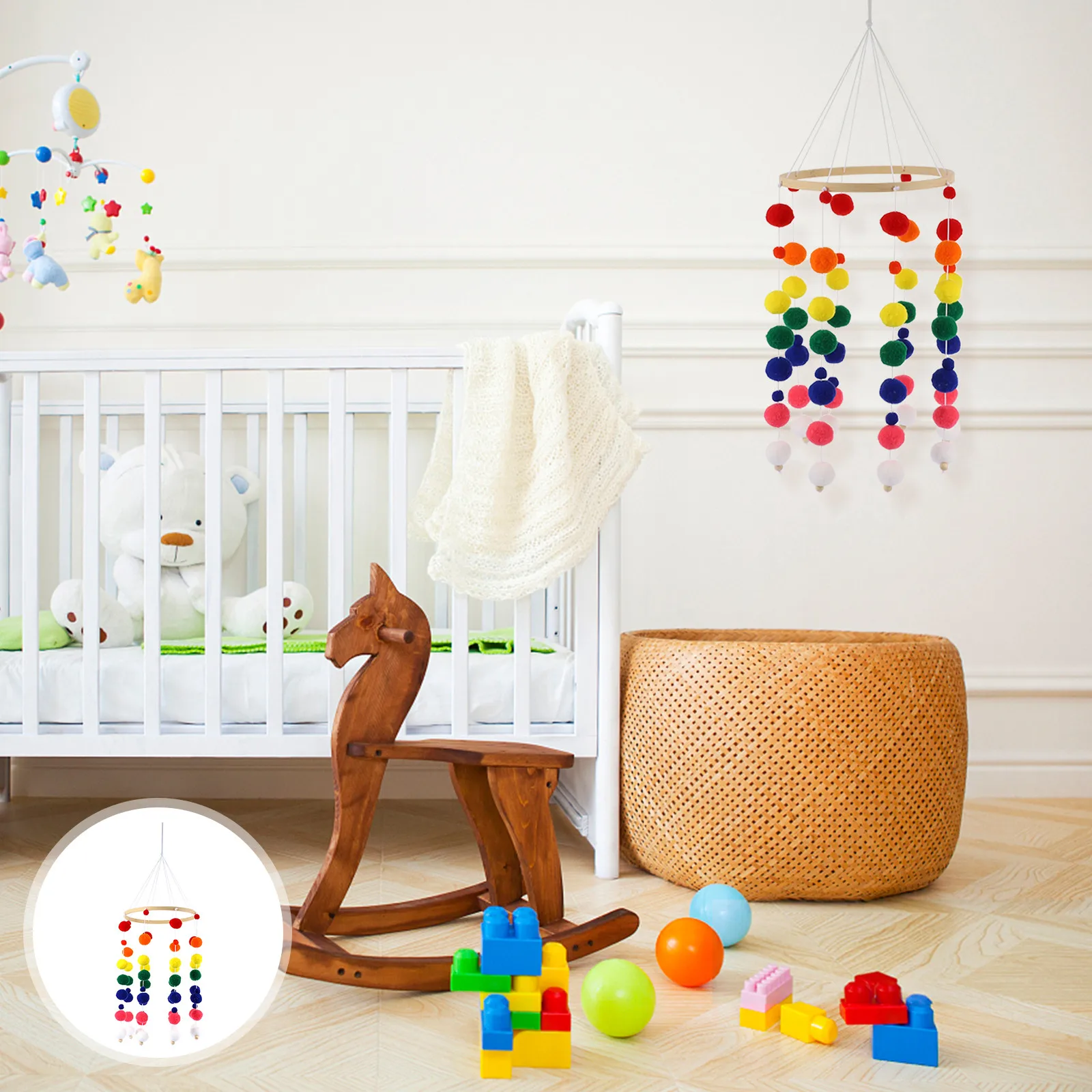 

1Set Ball Wind Chime Decoration Wood PP Material Baby Crib Hanging Ornament Nursery Room Wall Decor Photo Prop Kids Room