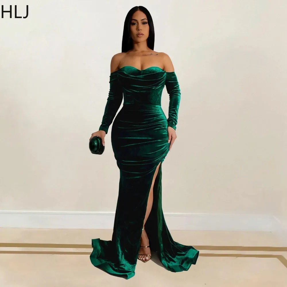 HLJ Fashion Velvet Bodycon Off Shoulder Long Dress Women Ruched Long Sleeve High Slit Floor Vestidos Sexy Evening Party Clothing