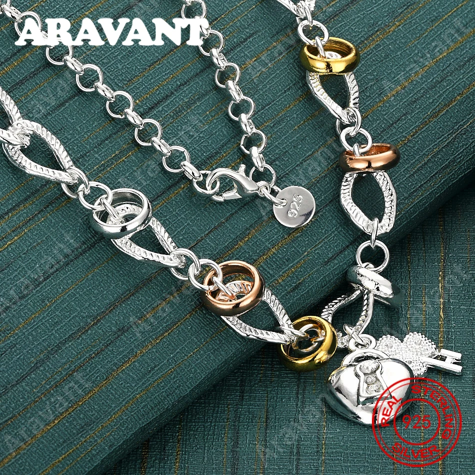 925 Sterling Silver Heart Lock Charm Necklace, Colorful, Women'S Commuter Accessory, Christmas Gift Jewelry