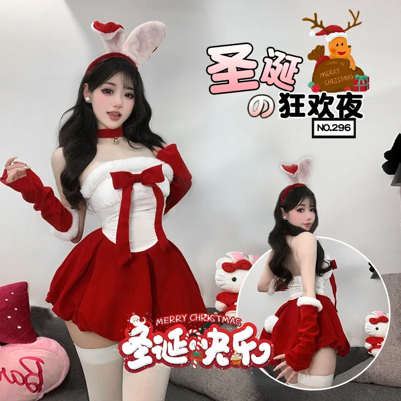 Strój bożonarodzeniowy dla kobiet seksowny nowy rok Halloween sukienki świąteczne Bunny Cosplay aksamitna czerwona sukienka Santa Party występ taniec