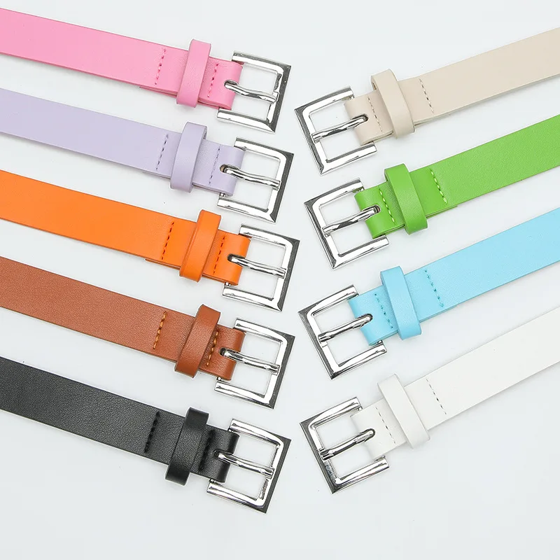 2023 New Fashion Belt Women Men Colorful PU Leather Material Square Alloy Metal Silver Pin Buckle Luxury Quality Low-Key Belt