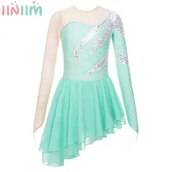 Kids Girl Figure Skating Performance Dress Ballet Rhythmic Gymnastics Leotard Tutu Long Sleeve Shiny Sequin Sheer Mesh Dancewear