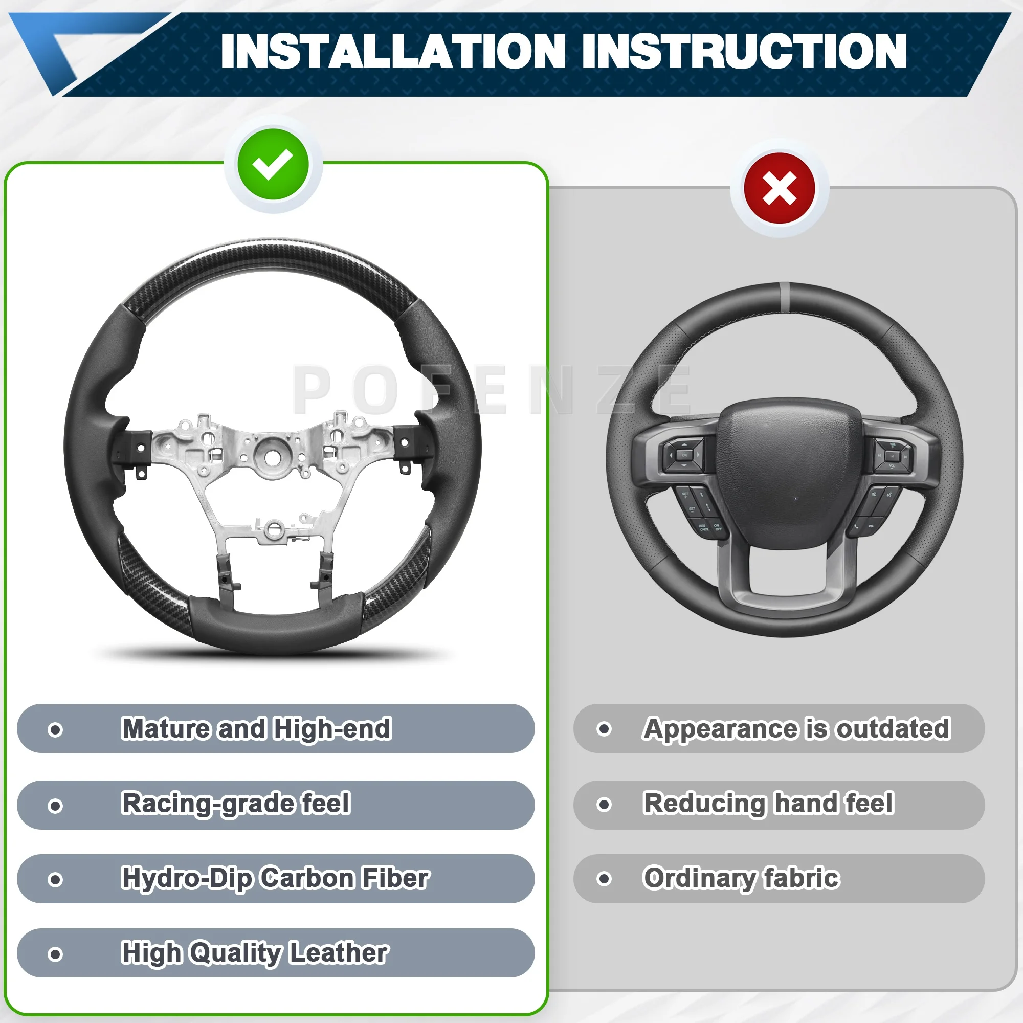 Kierownica z włókna węglowego Hydro-Dip do Toyota Hilux/Revo/fortuner 2015-2022 w kształcie litery D ze szwami perforowana skóra Nappa