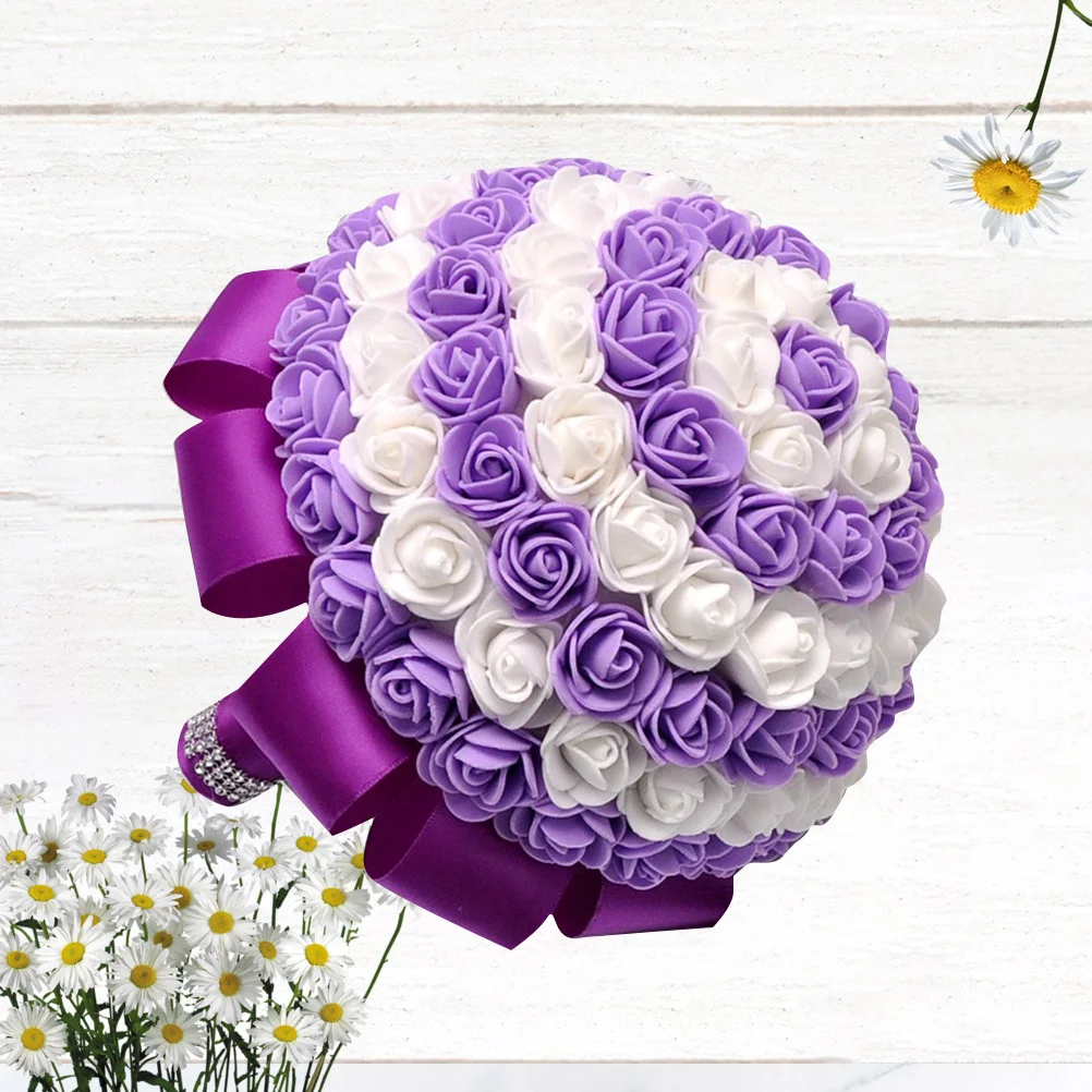 

1Pcs Bride Wedding Bouquet Purple Imilated Candy Color Rose Bridal Flower Hand Tied Lifelike Bouquet for Bride