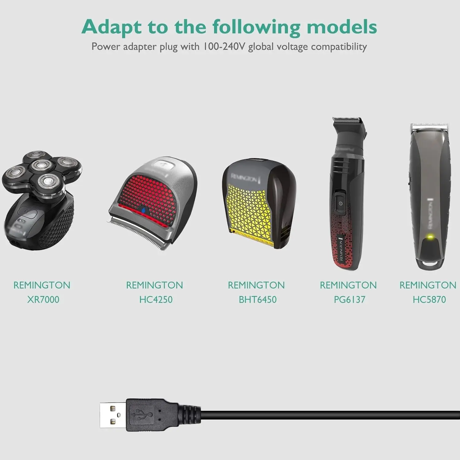 Cabo carregador compatível com barbeador Remington XR7000 HC4250 HC5870 HC5950 PG6171 PF7500 PF7600 PF7855 XR1400 Substituição PA-0510