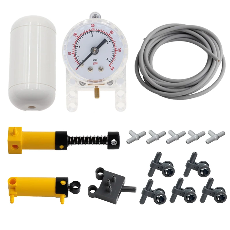 16pcs/Set Technical Pneumatic Blocks Parts MOC PF Barometer Air Tank Pump Piston Hose Switch Kit For Legoeds 47225 75974 9641