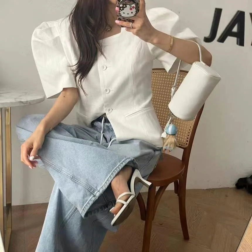 

Ele Slim Fit женские irt Dongda Gate, лето 2021, квадратный воротник, одна пуговица, прямая трубка, длинная све, повседневная одежда