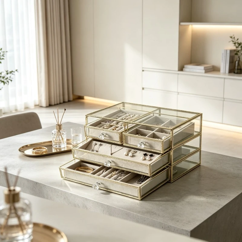 Tempered Glass Jewelry Organizer Box Case Tray Stackable Drawer Velvet Lined for Necklace Ring Earring Bracelet Display Home