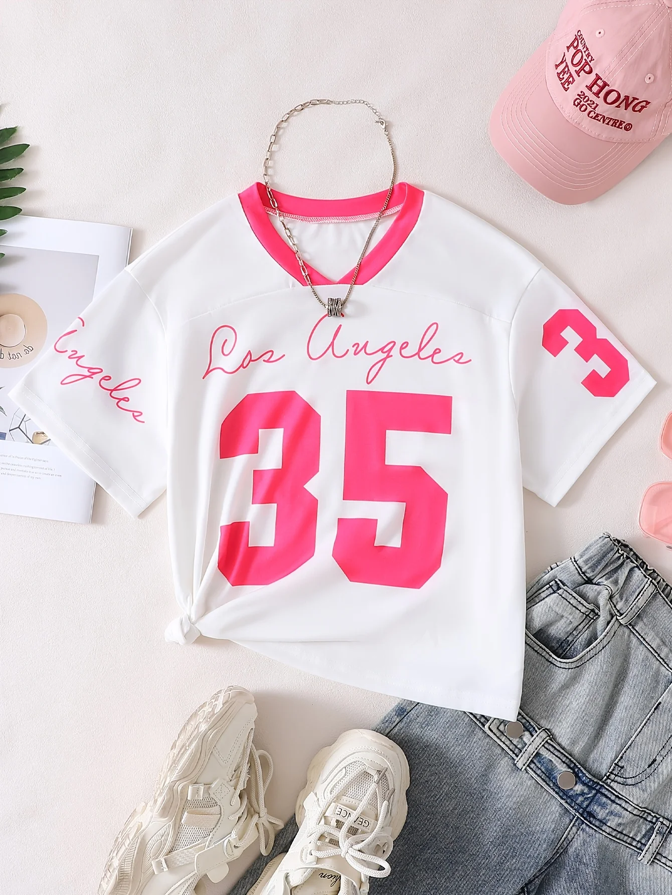 2026 Summer Hot Selling Personalized Print V-neck Y2K Trendy Fashion White Jersey Women Children Plus Size Sports T-shirt