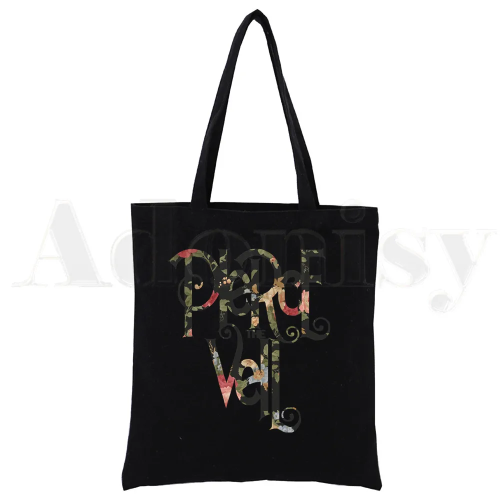 Perfore The Veil Post-hardcore Band Fans de la música, bolsas de compras con estampado de lona negra, Vida de moda para niñas, bolso de mano informal Pacakge