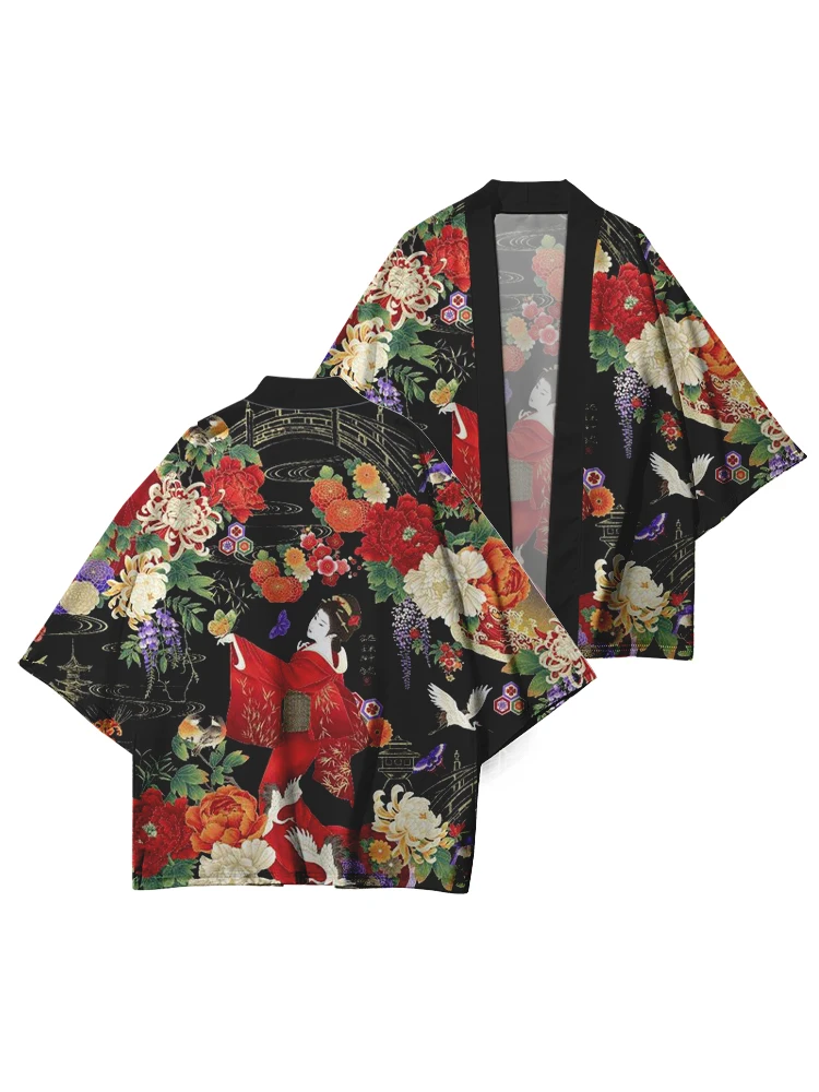 2024 NewFolding Fan Stampato Kimono delle Donne degli uomini di Harajuku Yukata Giapponese Veste di Modo Kimono di Strada Cosplay Cardigan Camicia