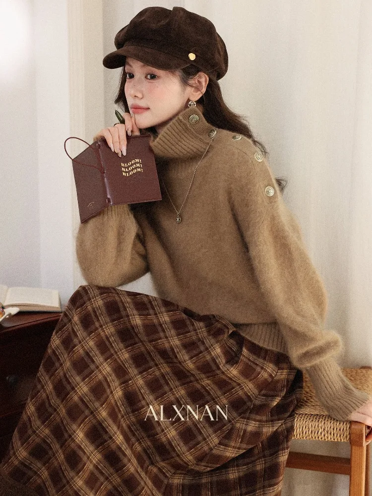 ALXNAN Vintage Plaid A-lijn Lange Rok Vrouwen Hoge Taille Geplooide Tartan Rokken Koreaanse Stijl Herfst Winter Leuke Rok Vrouwelijke L59923