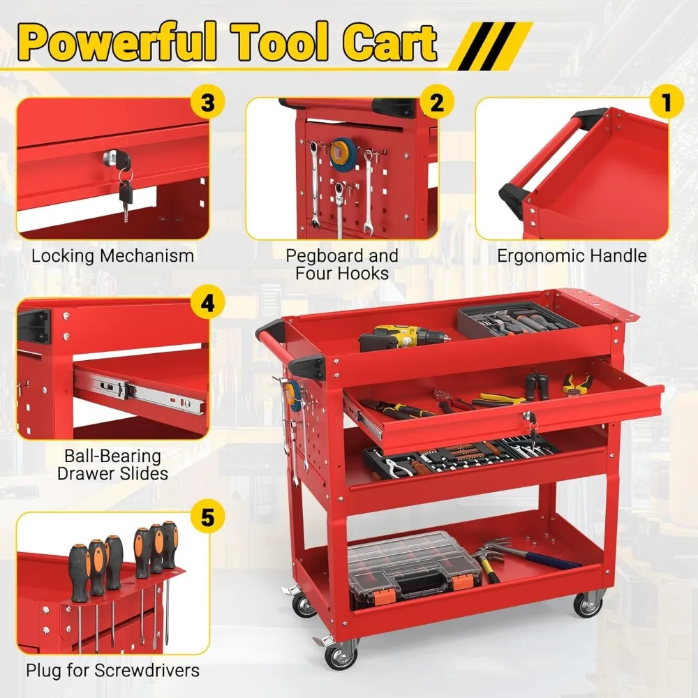 頑丈な3段式ローリングツールカート（引き出し付き）、耐荷重550ポンド、メカニックツール用のペグボードとフック付きユーティリティカート