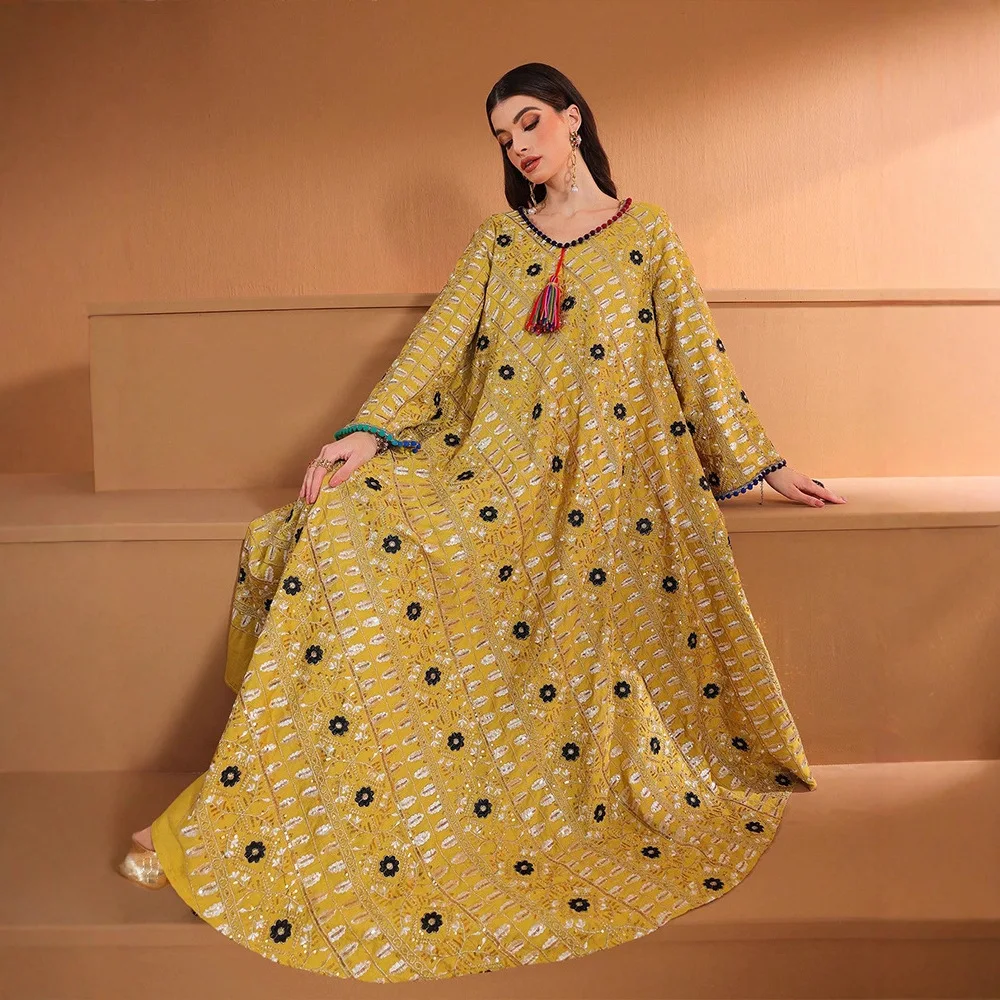 

Мусульманские женские платья Ид с вышивкой Джалабия Femme Musulmane Vestidos Рамадан Дубай Абая Турция Кафтан Арабский халат Марокко Кафтан