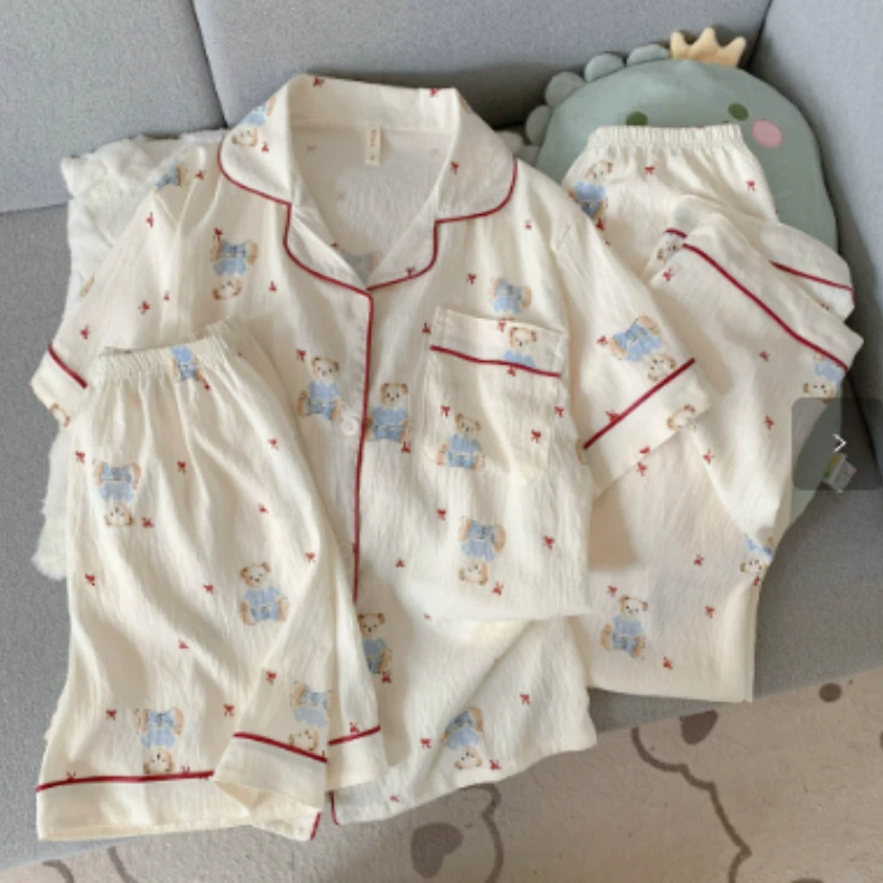 Three-piece Pajamas Women's Summer Short-sleeved Suit High-end Simulation Silk Loungewear Cartoon Cute Outer Wear Cross-border