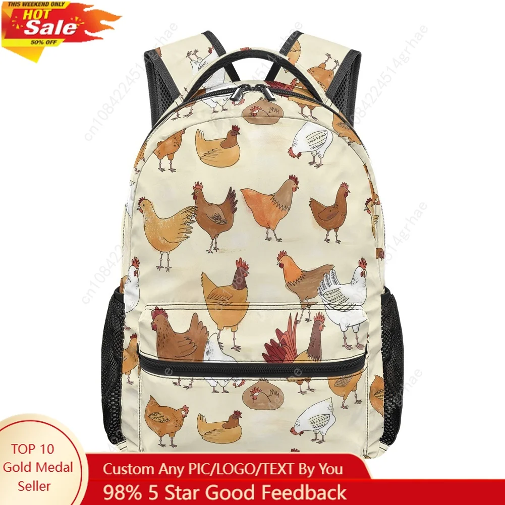 Rooster Print All-over Print Student Backpack Custom Casual Suitable for Travel and Camping Lightweight, and Easy To Clean