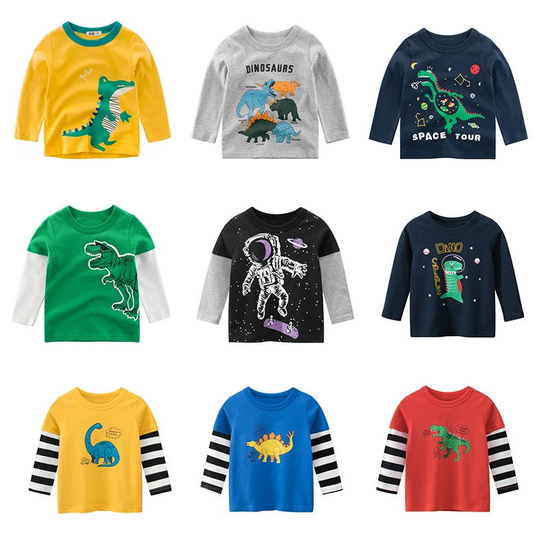 2024 Spring Children Boys Long Sleeve T-Shirts Cartoon Dinosaur Little Boys Tops 2-8 Years Kids Baby Boys Tees Toddler Clothes