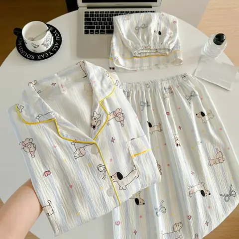 3pc 여성 잠옷 한국 스타일 캐주얼 Homewear 잠옷 여성을위한 설정 달콤한 귀여운 줄무늬 개 스타 인쇄 외부 짧은 잠옷